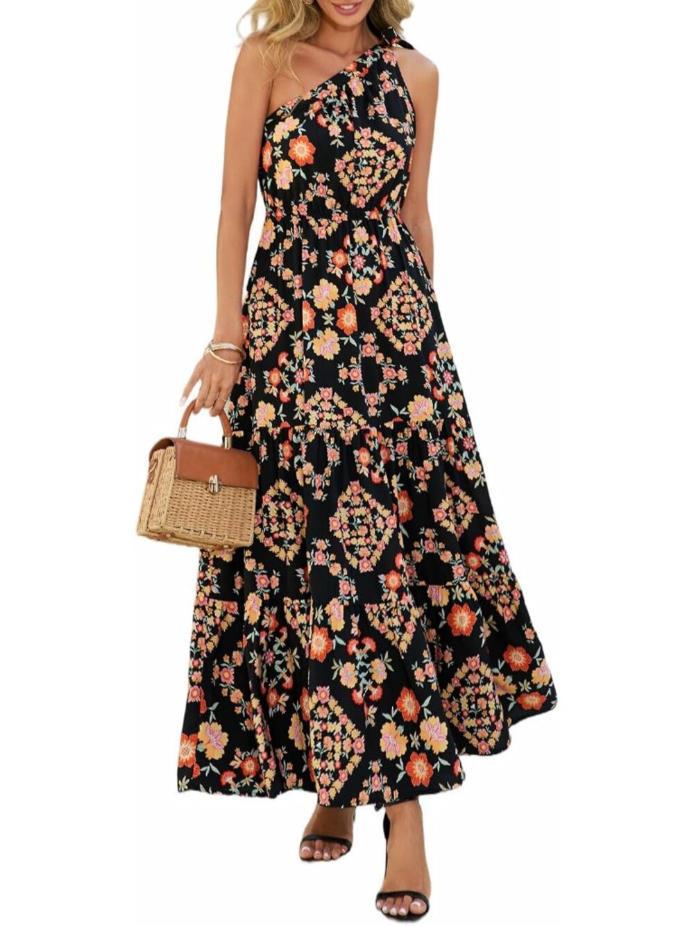 Women's One Shoulder Boho Floral Maxi Dress